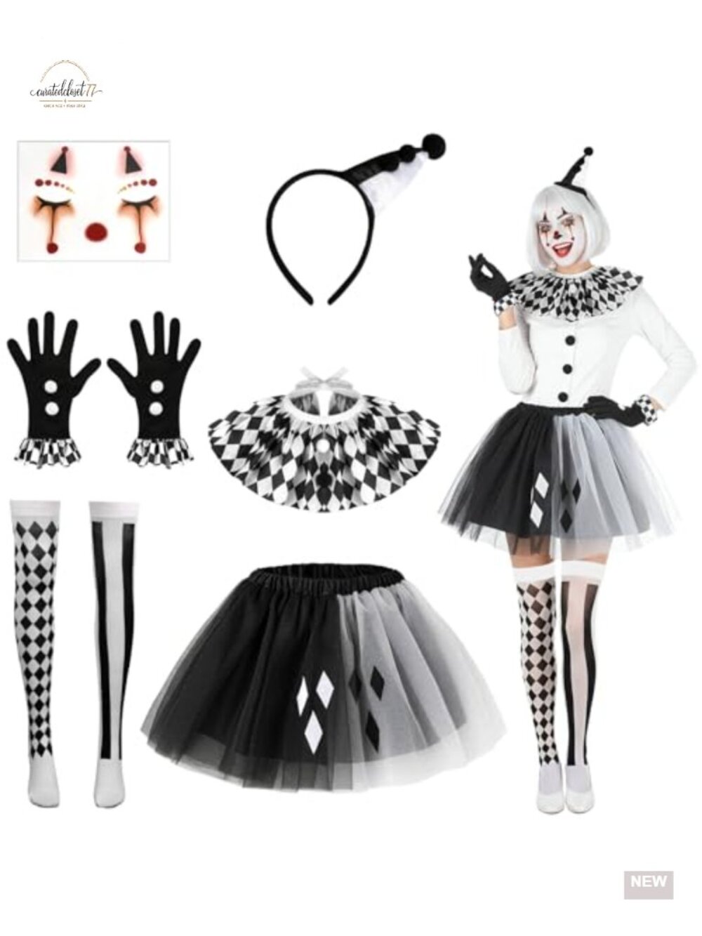 Women's Clown Halloween Costume Accessory Set Tutu Skirt Headband Gloves Socks
